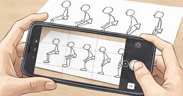 書いたスティックピクチャをスマホで写メっているイラスト。