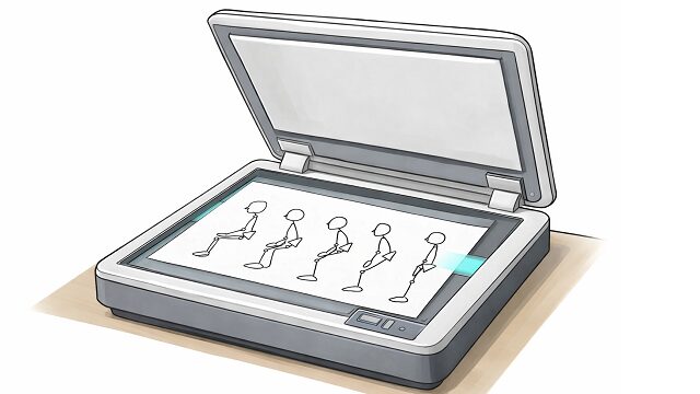 スティックピクチャを書いた画像をスキャナで取り込むイラスト。