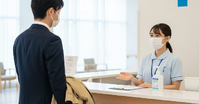 コートを脱いだスーツ姿の男性就活生。病院の受付で事務員と会話をしている様子。
