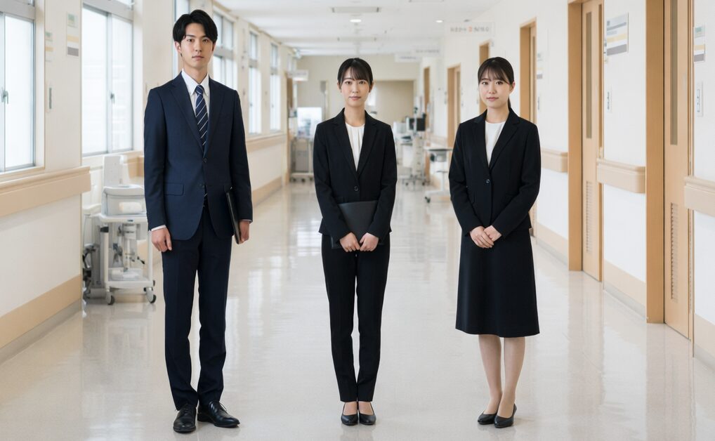 リクルートスーツ姿で清潔感のある男女３名。病院の廊下で立位。全身が映っている。