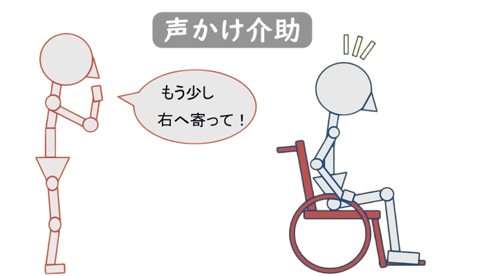２体のスティックピクチャー。車いすを漕いでいる人に声をかけている様子。超えかけ介助のテキストあり。