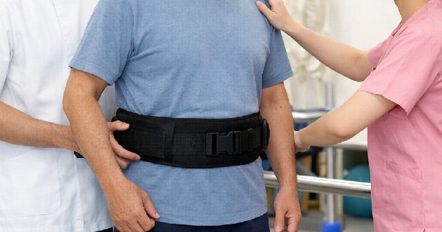 リハビリ室。患者は腰に介助ベルト着用。男性PTが支え、女性PTが外乱テストを実施する様子。