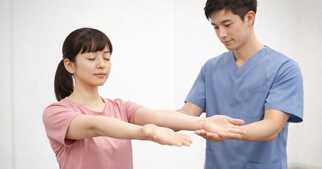 女性患者と男性セラピスト。上肢バレー検査を実施している様子。
