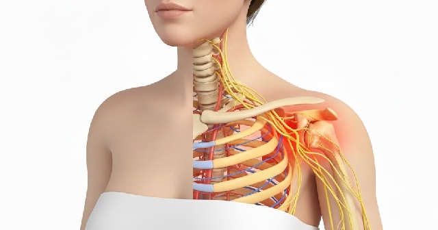 首元の人体解剖イラスト。左の鎖骨部分が透過して腕神経叢が見えている。