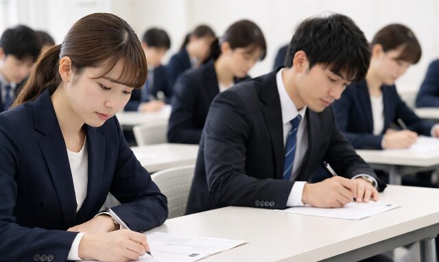 スーツ姿の就活生。試験会場で筆記試験を受けている様子。