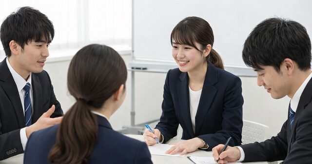 スーツ姿の男女。メモを取りながらディスカッション中。