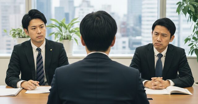 ２人の面接官と１人の就活生。面接官は
渋い表情をしている。