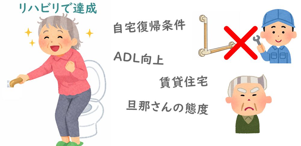 トイレ内で手すりを使って立ち上がる女性のイラスト。頑固な旦那さん。手摺りに反対の様子。