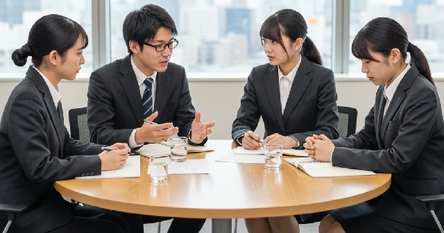 就活のグループワーク中の男女４人。１人の学生が下を向いて上手く参加できていない様子。