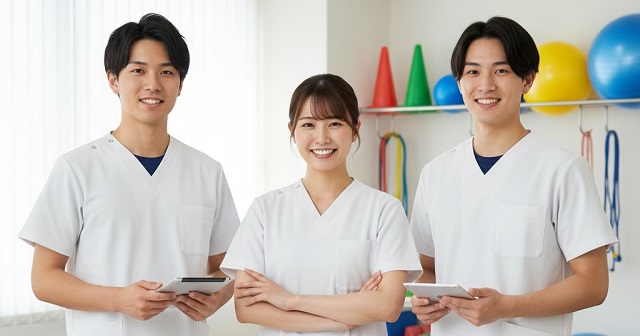 男女の実習生。リハビリ室で並んでいる。