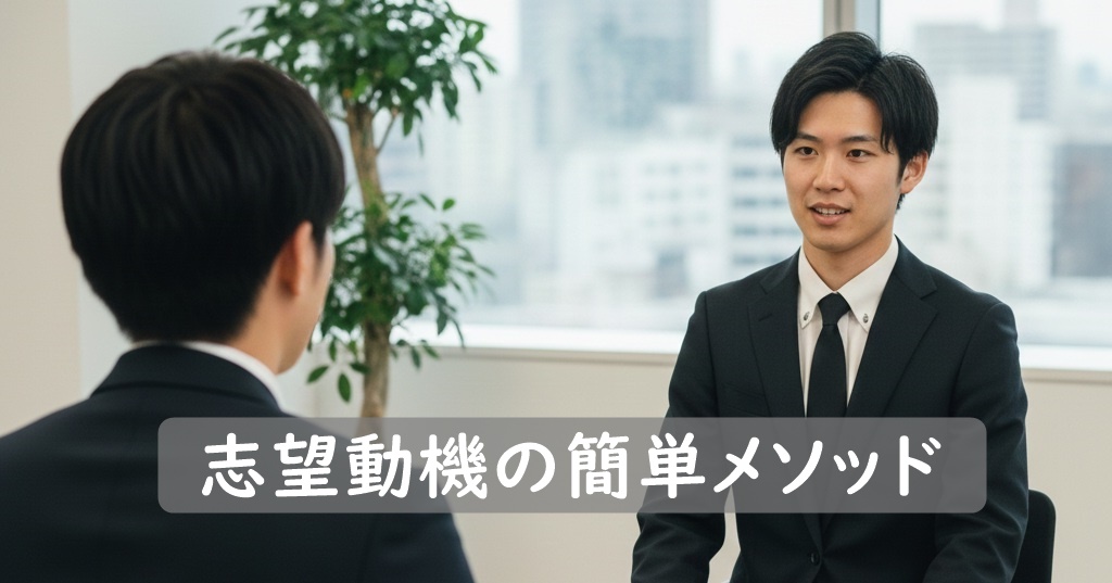 面接官と就活生。対面座位で面接中。志望動機の簡単メソッドのテキスト入り。