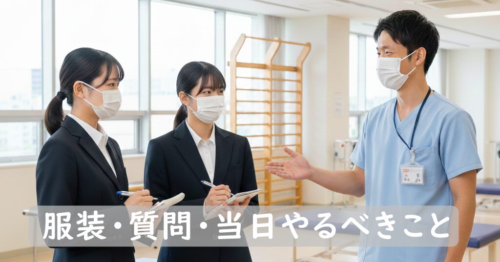 リハビリ室で男性理学療法士から説明を受ける、リクルートスーツ姿の女学生２名。全員が白いマスクを着用して病院見学を行っている様子。
