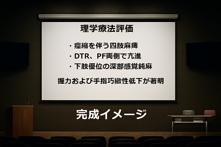 スクリーンのイラストに、理学療法評価の例を挿入したスライド完成イメージの図