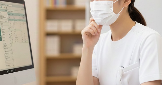 パソコンの前で考え事をする女性。白衣を着た医療従事者。