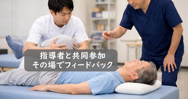 患者さんをストレッチする実習生。指導者がそばに立ち、その場でフィードバックを与えている。