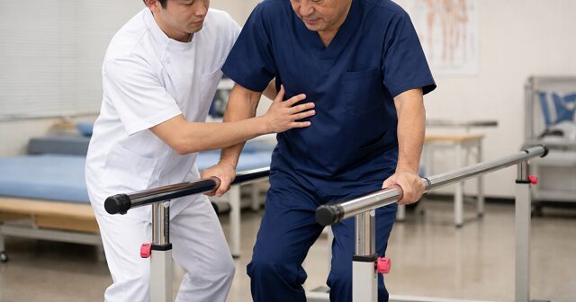 平行棒内で自分の身体を使って学生に歩行介助のやり方を指導するセラピスト。