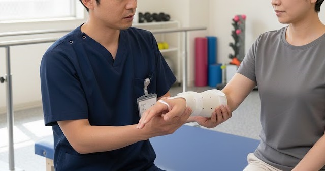 上肢装具（スプリント）を装着した女性。リハビリ室でチェックアウトするリハビリスタッフ。