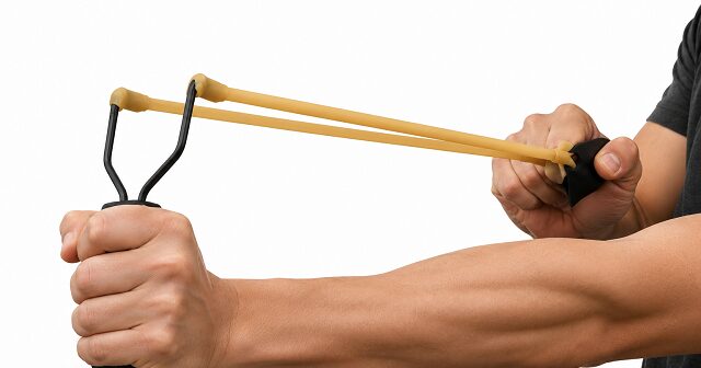 スリングショットの画像。ゴムを引っ張る男性の腕。