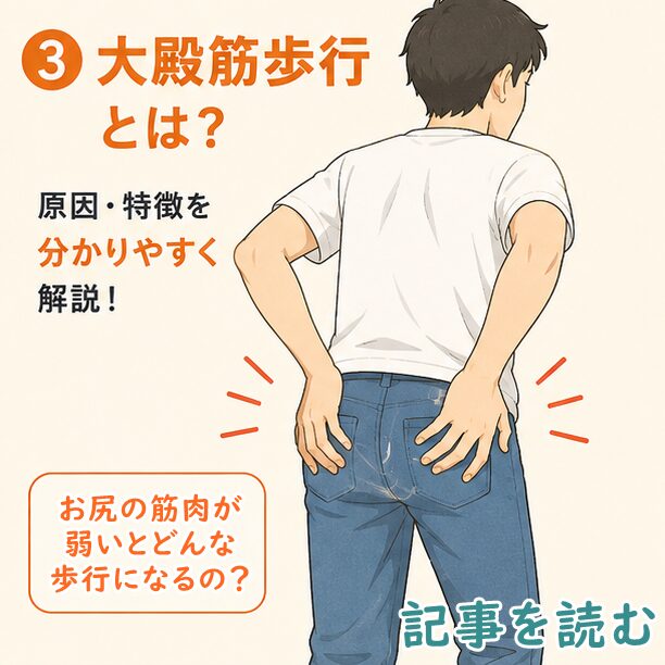 大臀筋を両手で押さえる男性のイラスト。大殿筋歩行とは？のテキストあり。