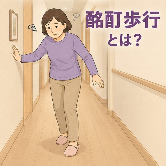 壁づたいにふらつきながら歩く女性のイラスト