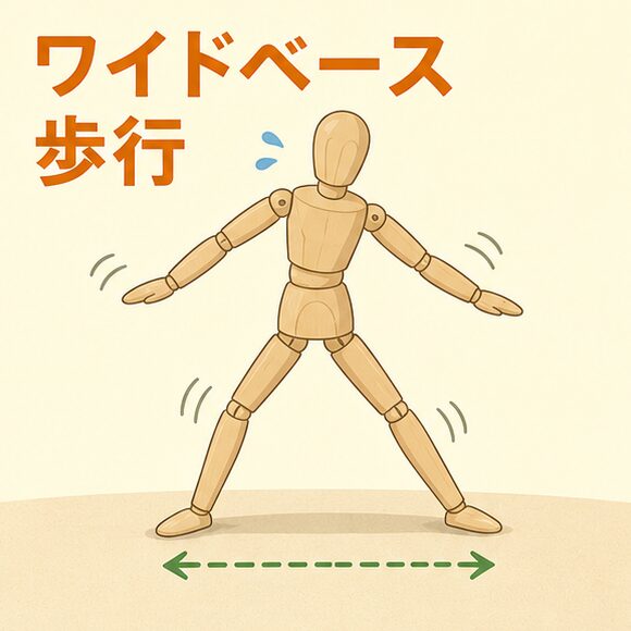 足を広げてバランスをとっている木製人形のイラスト
