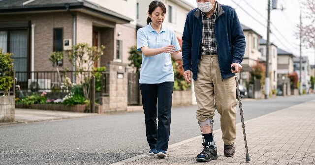 足に装具をつけてあるく高齢者。手を添えて介助しながらあるく女性。