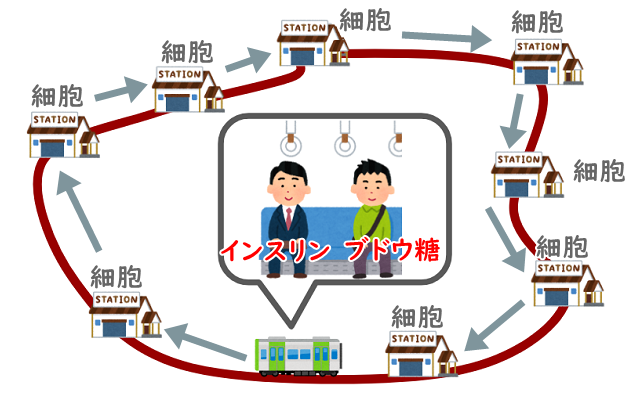 駅と電車のイラスト、インスリンと糖が2人そろって座席に座っている様子。